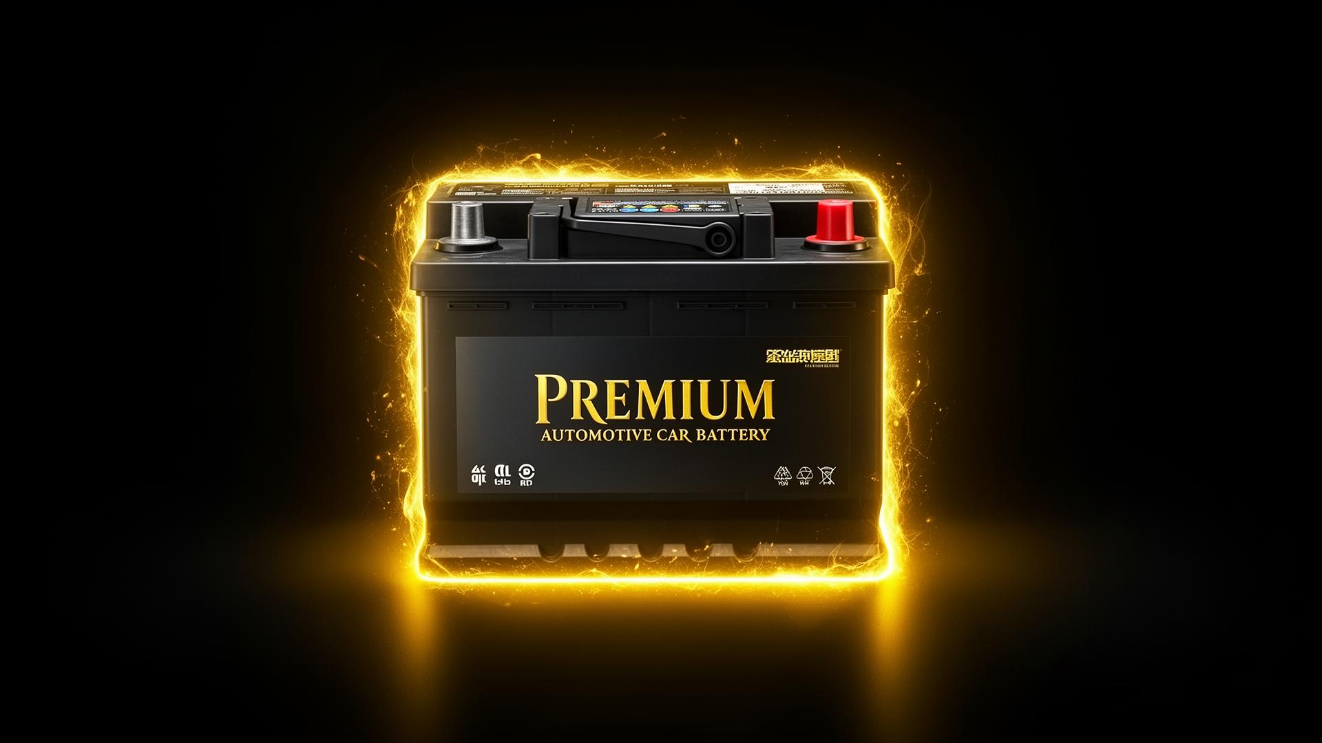 Premium car battery with glowing yellow rim lighting